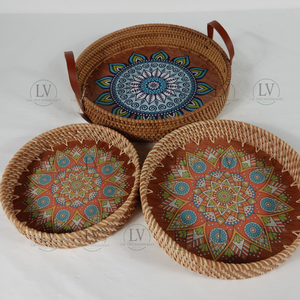 Plateaux de service en rotin fabriqués à la main Plateau rond tissé Plateaux à pain aux fruits avec poignées Vente en gros du Vietnam - Product Image 6