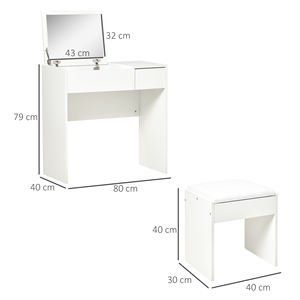 HOMCOM Table vasque avec miroir rétractable et tabouret, table console avec tiroir, 80x40x79 cm, blanc - Product Image 3