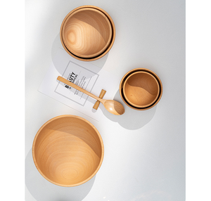 Saladier en bois de hêtre écologique, léger, rond, technique polie, pour les fêtes d'enfants - Product Image 3