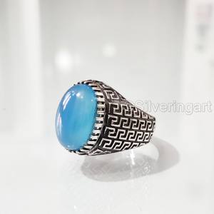 Bague pour homme en cuivre bleu naturel turquoise pierre précieuse décembre bague de naissance arabe bijoux fins bague en argent sterling 925 vente en gros - Product Image 2