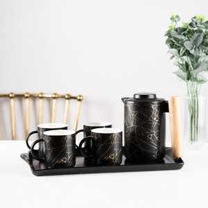 Black Marble Ceramic <b>Tea</b> <b>Set</b> with <b>Wooden</b> Handle Teapot & Cups | Modern Coffee & <b>Tea</b> Serving <b>Set</b> for Home, Hotel & Restaurant - Product Image 4