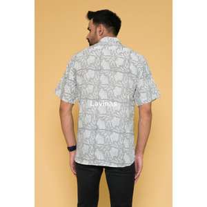 Chemise grise pour hommes, chemises en coton décentes à imprimé floral pour hommes, chemise pour hommes à manches courtes en coton imprimé à la main, chemises décontractées - Product Image 5