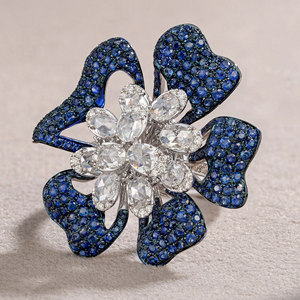 Luxury Blue Sapphire and Diamond Floral <b>Statement</b> <b>Ring</b> in White Gold - Product Image 1