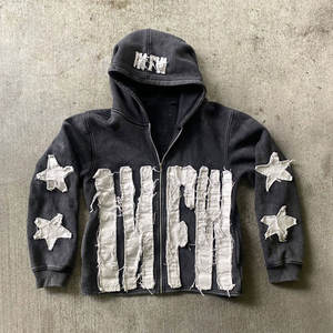 Unisex Acid Washed Embroidered Rhinestone Heavyweight 100% Cotton Fleece <b>Zipper</b>-Up Oversized Hoodie Winter Streetwear Customized - Product Image 1