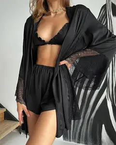 Bata de encaje satinada para mujer, Sexy, Conjunto de pijama de 3 piezas, conjunto de lencería con Bata