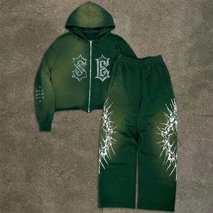 Custom Streetwear Printed <b>Rhinestone</b> Tracksuit Acid Wash Heavyweight 100% Cotton Joggers Flared Sweat Suit Hoodie Sets for - Product Image 1