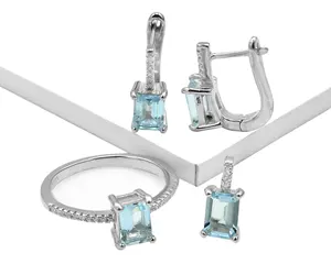 New Trending 2022 Natural Aquamarine Octagon 925 Sterling Silver Ring Earring Pendent Jewelry Set Women Wholesaler From India