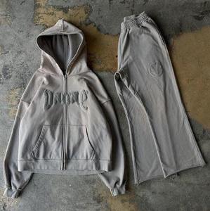 Sweat-shirts à capuche zippés pour hommes, personnalisés, en maille tricotée doublée, 500 g/m², délavés à l'acide, imprimés, lourds, effet vieilli, streetwear, logo, anti-rétrécissement - Product Image 2