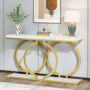 Table console en métal couleur or à 2 niveaux design moderne Design élégant pour entrée, salon ou couloir Déco - Product Image 3