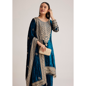 Traje de Palazzo bordado de terciopelo verde azulado, venta al por mayor de ropa étnica para mujer, fábrica de ropa OEM, proveedor a granel, ropa de fiesta personalizada - Product Image 3