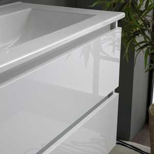 Meuble de salle de bain mural en acrylique blanc brillant de 120 cm, deux pièces, avec tiroirs, double vasque, miroir, lampes Baltimora, ensemble de salle de bain - Product Image 5