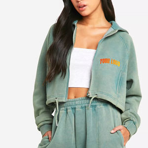 Wholesale 100% Cotton <b>Zip</b> <b>up</b> Acid Wash <b>Crop</b> Top Hoodie for Women Casual Pullover Long Sleeve Lightweight Casual Wear Hoodie - Product Image 1