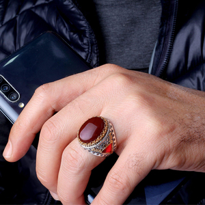 High Quality Luxury 925 Sterling <b>Silver</b> <b>Silver</b> Plated Yemen Aqeeq <b>Men</b> Vintage Bezel Setting Wedding Turkish Jewelry - Product Image 2