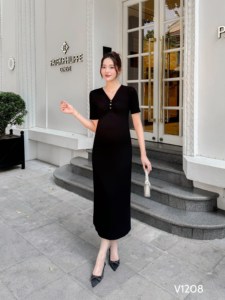 เสื้อผ้าคุณแม่ตั้งครรภ์เวียดนาม ODM ผ้าโพลีเอสเตอร์ดูดซับเหงื่อความยาวถึงเข่า V1208ป้องกันการหดตัว - Product Image 4