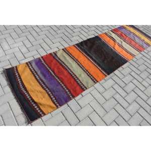 2.5x9.1 ft Vintage Rug, Turkish <b>Runner</b> Rug, <b>Red</b> Yellow Striped Wool Rug - Product Image 2