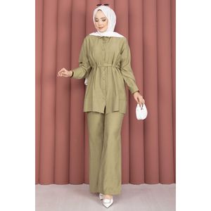 Conjunto de Dos Piezas para Mujer, Túnica y Pantalones con Cinturón, Color Verde Oliva, Estilo Casual, para Primavera/Verano, Talla XL - Product Image 4