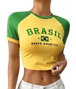 T-shirt court à manches raglan ajusté de haute qualité en gros pour femmes Y2K en coton avec contraste de couleur et broderie du drapeau du Brésil - Product Image 1