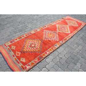 3.1x11.5 ft <b>Runner</b> Turkish Vintage Rug, <b>Red</b> Ikat Wool Rug - Product Image 3