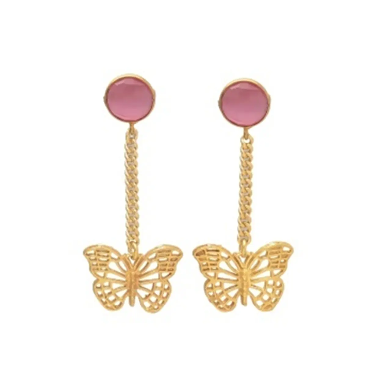 New Arrival Pink Monalisa Round Gemstone Brass Overlay Handcrafted Butterfly Drop Dangle Earrings