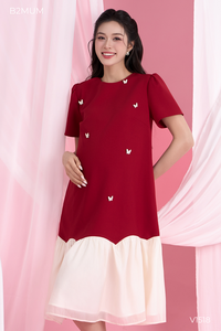 B2 <b>MUM</b> Red V-Neck Dress V1518 Lace Fabric Breathable Eco-Friendly A-Line Silhouette Slightly Pleated Bodice Double-Layered Skirt - Product Image 5