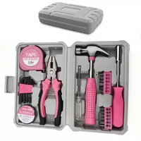 Kit de Herramientas Manuales de 24 Piezas con Cinta Métrica de Plástico, Cinta Aislante Eléctrica, Martillo, Destornillador, Alicates, Llave Allen y Estuche, Color Rosa, para Reparaciones del Hogar