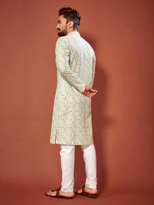 Venta caliente diseñador algodón Lucknowi Chikankari Digital Print Mens Kurta pijama para Festival Wear de India - Product Image 4