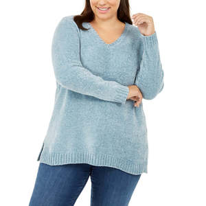 Maglione in ciniglia scollo a V da donna taglie forti 1X Karen Scott, blu pastello con ricamo in pizzo, stile casual per autunno inverno, per adolescenti - Product Image 1