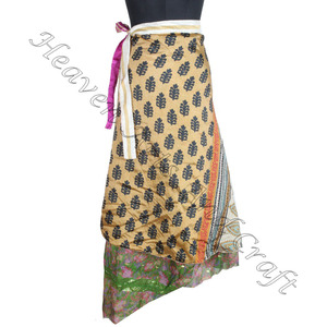 Longue couche Sari soie Wrap jupes femmes portent Vintage soie Sari longue longueur enveloppante jupe 2 couches réversible Saree bohème - Product Image 2