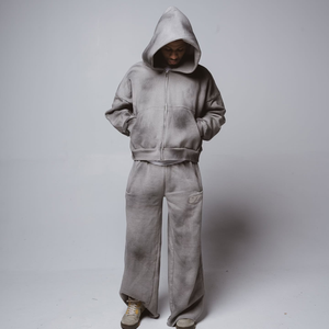 Wholesale Custom Men's Cotton Oversized Tracksuit with Distressed <b>Zip</b>-up Hoodies Print Pattern Pants Suit With Baggy Pant - Product Image 3