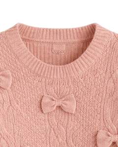 Pull court en tricot torsadé rose poudré pour femme, personnalisé, avec nœud décoratif, manches longues, col rond, mode d'hiver mignonne - Product Image 4