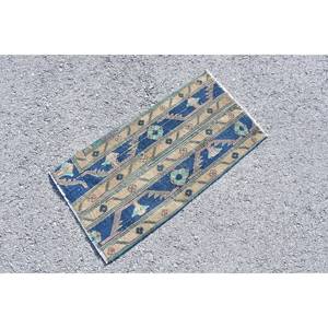 Tapis en laine fait main classique bleu Beige 1.6x3,2 pieds Design patchwork turc pour salon ou chambre à coucher avec support en latex - Product Image 3