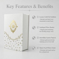 Boîte cadeau personnalisée style livre blanc nacré avec emblème flocon de neige et couronne en feuille d'or, finition mate, emballage cosmétique et parfum, OEM, MOQ 100 pièces