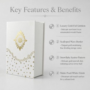 Caja de Regalo Personalizada Estilo <span class=keywords><strong>Libro</strong></span> en Blanco Perla con Emblema de Corona de Copos de Nieve en Lámina Dorada, Acabado Mate, para Perfumes y Cosméticos, OEM, MOQ 100 Piezas - Product Image 2