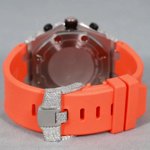 Montre de luxe personnalisée avec bracelet en caoutchouc orange, boîtier rond, cadran en diamant moissanite, mouvement à quartz glacé, montre pour homme - Product Image 6