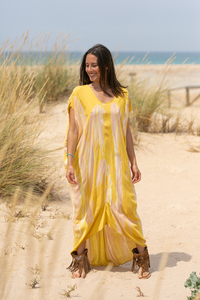 Women's Summer Bohemian Style Kaftan New Collection Long <b>Yellow</b> V Neck Dress Woven Floor-Length Natural Breathable Eco-Friendly - Product Image 5