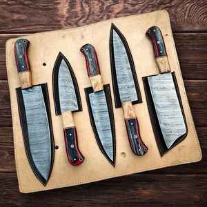 Wholesale Handmade Forged Damascus <b>Steel</b> Chef Set with Wooden Handle Restaurant Use Includes Leather Bag Meat Cutting Knives - Product Image 3