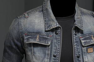 Veste en jean décontractée surdimensionnée unie pour homme, respirante, streetwear d'hiver, veste en jean délavée à l'acide, col rabattu vintage, OEM - Product Image 5