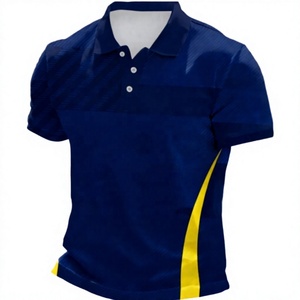 Polo pour homme, bleu et jaune, à blocs de couleur, manches courtes, tricoté, 100% polyester, séchage rapide, vêtements décontractés - Product Image 1