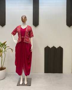 Elegant chinon cowl dress pair with printed chinon <b>shrug</b> sequence embroidered lace micro inner and stitched one piece fixed belt - Product Image 4