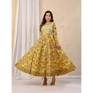 Vestido Anarkali de Algodón Estampado Amarillo Jaal, Transpirable, Estilo Hippie, Talla Única, Largo hasta la Rodilla, para Bodas y Fiestas Diurnas - Product Image 5