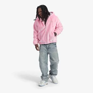 Luxury Unisex Winter Pink Faux Fur <b>Hoodie</b> with Digital Printing Warm <b>Zip</b> Jacket and <b>Pockets</b> - Product Image 5