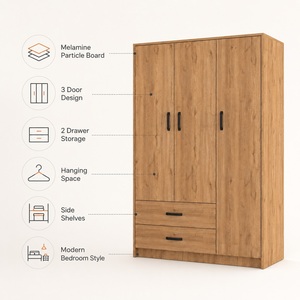 Armoire en panneaux de particules de mélamine, 3 portes, rangement pour vêtements de chambre, 2 tiroirs, poignées métalliques, design moderne pour la maison - Product Image 3