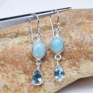 Boucles d'oreilles en larimar naturel et topaze bleue en argent sterling 925 Bijoux en pierres précieuses vintage faits à la main U493 - Product Image 1