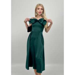 Robe midi confortable 4015 avec silhouette évasée, tissu satiné, taille naturelle, détail ruban sur le devant - Product Image 3