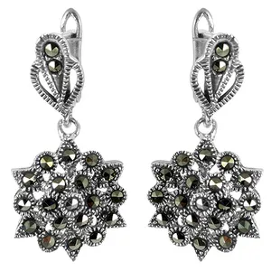 925 <b>Silver</b> Marcasite <b>Drop</b> <b>Earrings</b> with Vintage Floral Design Classic Charm for Women Wedding Party Gift - Product Image 3