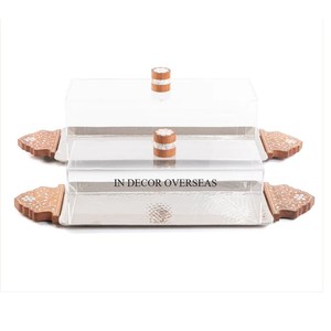 Bandeja para servir artículos de comida con forma rectangular hecha de Metal de calidad superior pulida brillante plateada con asas de diseñador de brotes chapados en oro - Product Image 4