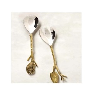Minimalist Unique Style Silver Glossy Finished Steel Metal Salad <b>Server</b> with Gold Handle Wedding Mirrored Flatware Set - Product Image 1