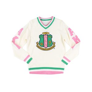 AKA maglione con scollo a V in avorio HBCU greco abito da confraternita ricamato con stemma rosa strisce verdi stile College abbigliamento greco lettera - Product Image 1
