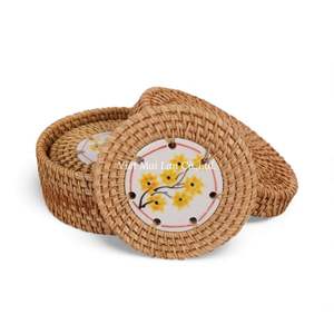 Natural Woven <b>Rattan</b> Coaster <b>Set</b> With Storage Tray Handmade In Vietnam For Dining Table And Coffee <b>Corner</b> - Product Image 5