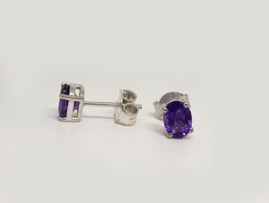 Amethyst Oval Cut <b>Stud</b> Earrings Children's Party Gift Wholesale Trendy Wedding Anniversary Rhodium-Plated Sterling <b>Silver</b> - Product Image 4
